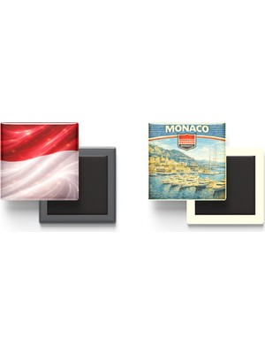 İberk Buzdolap Magnetleri - Monako Bayrağı ve Retro Tema - 2'li Set Magneti