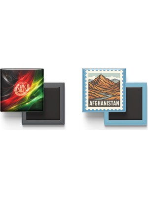 İberk Buzdolap Magnetleri - Afganistan Bayrağı ve Posta Pulu Tema - 2'li Set Magneti