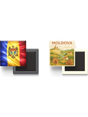 İberk Buzdolap Magnetleri - Moldova Bayrağı ve Paper Cut Tema - 2'li Set Magneti