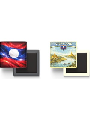 İberk Buzdolap Magnetleri - Laos Bayrağı ve Retro Tema - 2'li Set Magneti
