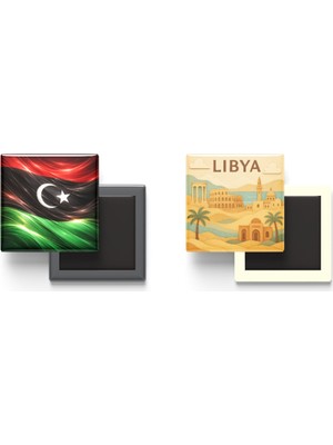 İberk Buzdolap Magnetleri - Libya Bayrağı ve Paper Cut Tema - 2'li Set Magneti