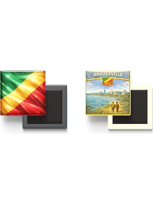 İberk Buzdolap Magnetleri - Kongo Cumhuriyeti Bayrağı ve Retro Tema - 2'li Set Magneti