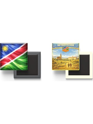 İberk Buzdolap Magnetleri - Namibya Bayrağı ve Retro Tema - 2'li Set Magneti