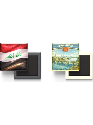 İberk Buzdolap Magnetleri - Irak Bayrağı ve Retro Tema - 2'li Set Magneti
