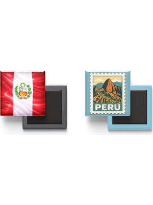İberk Buzdolap Magnetleri - Peru Bayrağı ve Posta Pulu Tema - 2'li Set Magneti