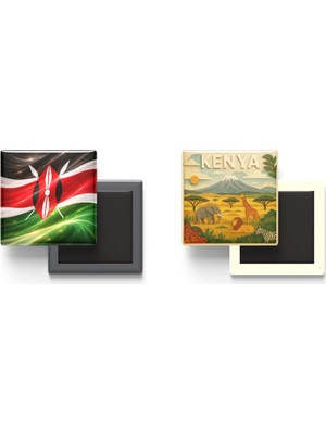 İberk Buzdolap Magnetleri - Kenya Bayrağı ve Paper Cut Tema - 2'li Set Magneti