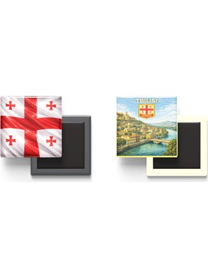 İberk Buzdolap Magnetleri - Gürcistan Bayrağı ve Retro Tema - 2'li Set Magneti