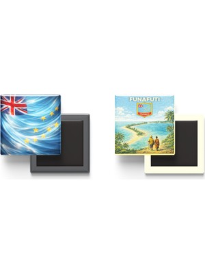 İberk Buzdolap Magnetleri - Tuvalu Bayrağı ve Retro Tema - 2'li Set Magneti