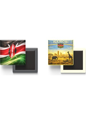 İberk Buzdolap Magnetleri - Kenya Bayrağı ve Retro Tema - 2'li Set Magneti