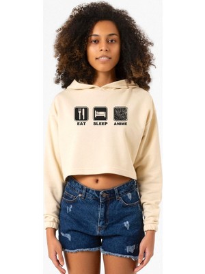 Tshirthane Eat Sleep Anime Bej Kadın Crop Kapşonlu