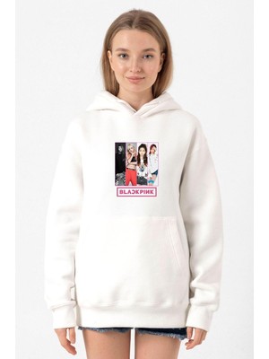 Tshirthane Black Pink Band Beyaz Kadın 3ip Kapşonlu Sweatshirt