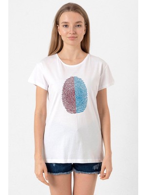 Bordo Mavi Parmak Izi Beyaz Kadın Bisikletyaka Tshirt