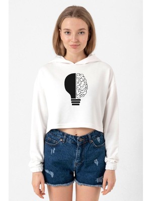 Tshirthane Lightbulb & Brain Ekru Kadın Crop Kapşonlu