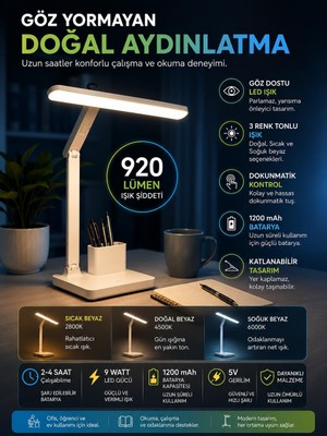 Love İnce Şarjlı Masa Lambası 3 Renk Dokunmatik Telefon Standlı Kademeli Çalışma Okuma Işığı Gece Lambası 24W