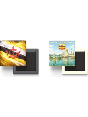 İberk Buzdolap Magnetleri - Brunei Bayrağı ve Retro Tema - 2'li Set Magneti