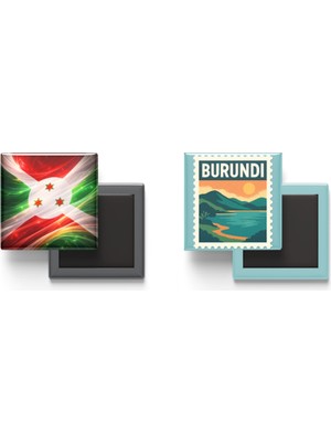 İberk Buzdolap Magnetleri - Burundi Bayrağı ve Posta Pulu Tema - 2'li Set Magneti
