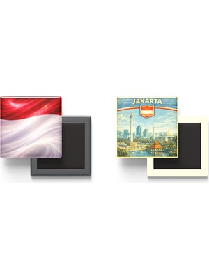 İberk Buzdolap Magnetleri - Endonezya Bayrağı ve Retro Tema - 2'li Set Magneti