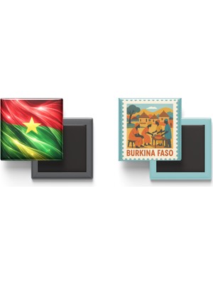 İberk Buzdolap Magnetleri - Burkina Faso Bayrağı ve Posta Pulu Tema - 2'li Set Magneti