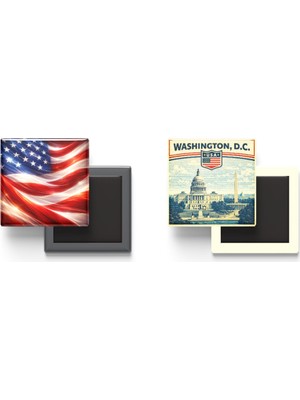 İberk Buzdolap Magnetleri - Amerika Birleşik Devletleri Bayrağı ve Retro Tema - 2'li Set Magneti
