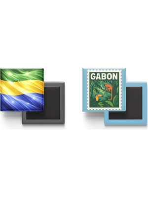 İberk Buzdolap Magnetleri - Gabon Bayrağı ve Posta Pulu Tema - 2'li Set Magneti