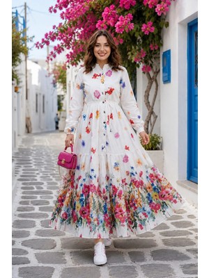 Harma Time Butik Kadın Düğmeli Çiçek Desenli Modal Beyaz Elbise