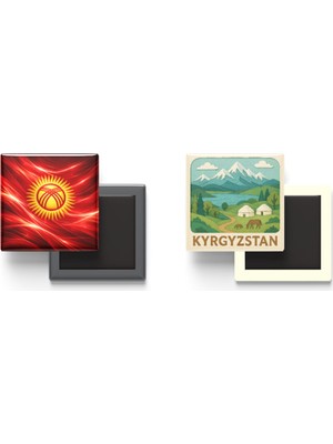 İberk Buzdolap Magnetleri - Kırgızistan Bayrağı ve Paper Cut Tema - 2'li Set Magneti