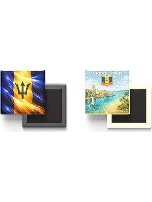 İberk Buzdolap Magnetleri - Barbados Bayrağı ve Retro Tema - 2'li Set Magneti