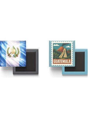 İberk Buzdolap Magnetleri - Guatemala Bayrağı ve Posta Pulu Tema - 2'li Set Magneti
