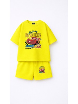 Fasardi Cars Arabalar Şimşek Mcqueen Baskılı Oversize %100 Pamuk Tişört Şort Çocuk 2li Takım