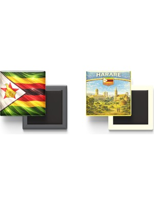 İberk Buzdolap Magnetleri - Zimbabve Bayrağı ve Retro Tema - 2'li Set Magneti