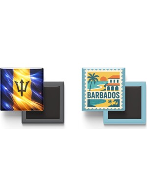 İberk Buzdolap Magnetleri - Barbados Bayrağı ve Posta Pulu Tema - 2'li Set Magneti