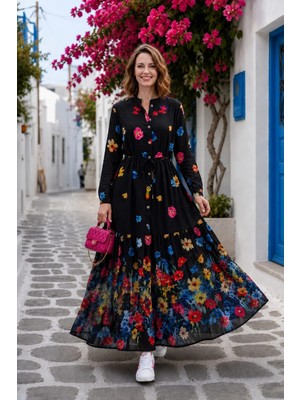 Harma Time Butik Kadın Düğmeli Çiçek Desenli Modal Siyah Elbise