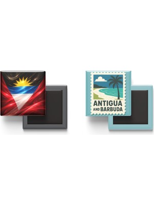 İberk Buzdolap Magnetleri - Antigua ve Barbuda Bayrağı ve Posta Pulu Tema - 2'li Set Magneti