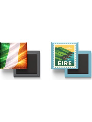İberk Buzdolap Magnetleri - Irlanda Bayrağı ve Posta Pulu Tema - 2'li Set Magneti