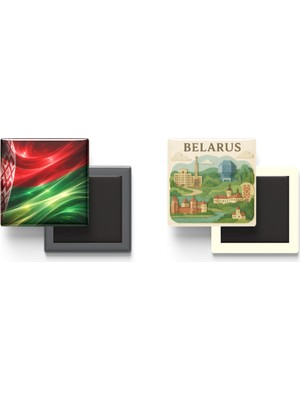 İberk Buzdolap Magnetleri - Belarus Bayrağı ve Paper Cut Tema - 2'li Set Magneti