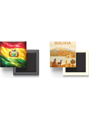 İberk Buzdolap Magnetleri - Bolivya Bayrağı ve Paper Cut Tema - 2'li Set Magneti