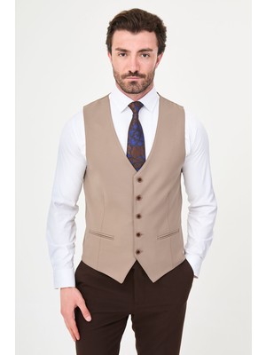 MCR Düz Slim Fit Klasik Vizon Renkli Erkek Yelek Şık Tasarım