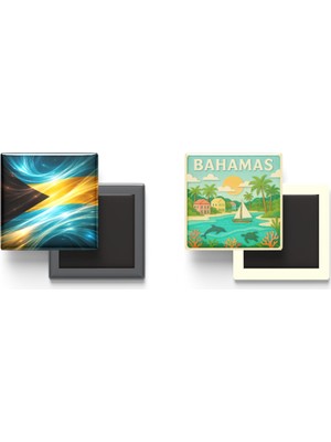 İberk Buzdolap Magnetleri - Bahamalar Bayrağı ve Paper Cut Tema - 2'li Set Magneti
