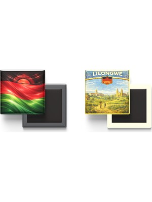 İberk Buzdolap Magnetleri - Malavi Bayrağı ve Retro Tema - 2'li Set Magneti
