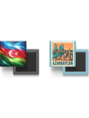 İberk Buzdolap Magnetleri - Azerbaycan Bayrağı ve Posta Pulu Tema - 2'li Set Magneti