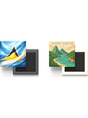 İberk Buzdolap Magnetleri - Saint Lucia Bayrağı ve Paper Cut Tema - 2'li Set Magneti