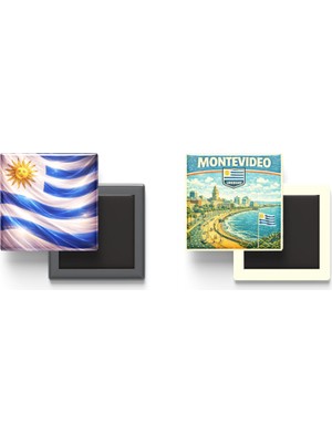 İberk Buzdolap Magnetleri - Uruguay Bayrağı ve Retro Tema - 2'li Set Magneti