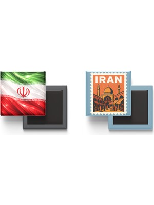 İberk Buzdolap Magnetleri - Iran Bayrağı ve Posta Pulu Tema - 2'li Set Magneti