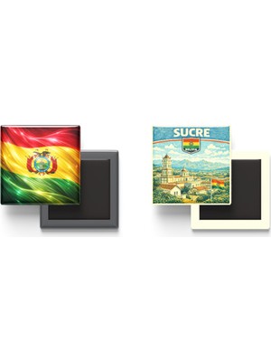 İberk Buzdolap Magnetleri - Bolivya Bayrağı ve Retro Tema - 2'li Set Magneti