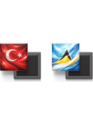 İberk Buzdolap Magnetleri - Saint Lucia Bayrağı ve Türk Bayrağı - 2'li Set Magneti