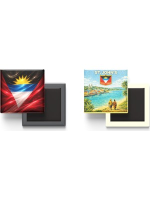 İberk Buzdolap Magnetleri - Antigua ve Barbuda Bayrağı ve Retro Tema - 2'li Set Magneti