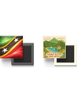 İberk Buzdolap Magnetleri - Saint Kitts ve Nevis Bayrağı ve Paper Cut Tema - 2'li Set Magneti