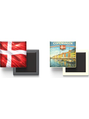 İberk Buzdolap Magnetleri - Danimarka Bayrağı ve Retro Tema - 2'li Set Magneti