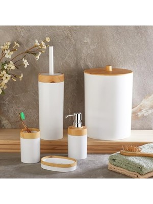 Die Grup Deconox 5 Parça Lüx Bambu Görünümlü Banyo Seti | 10 Litre Çöp Kovası ve Antibakteriyel Tuvalet Fırçası (Beyaz)
