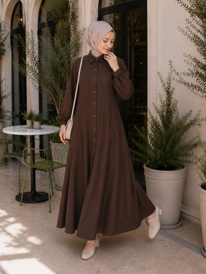 Esra Butik Çilek Kumaş Boydan Düğmeli Belden Kuşaklı Tesettür Elbise – Siyah, Yeşil ve Acı Kahve